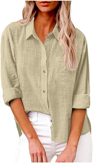 Linen Shirts for Women Trendy Solid Long Sleeve Collared Button Down Shirts Ladies Tops and Blouses Summer Clothes