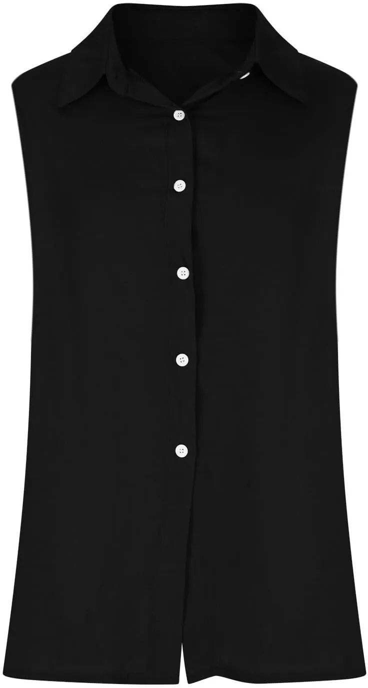 Linen Tank Tops for Women Sleeveless Collared Button Down Shirts Casual Loose Solid Color T-Shirts Summer Basic Tees