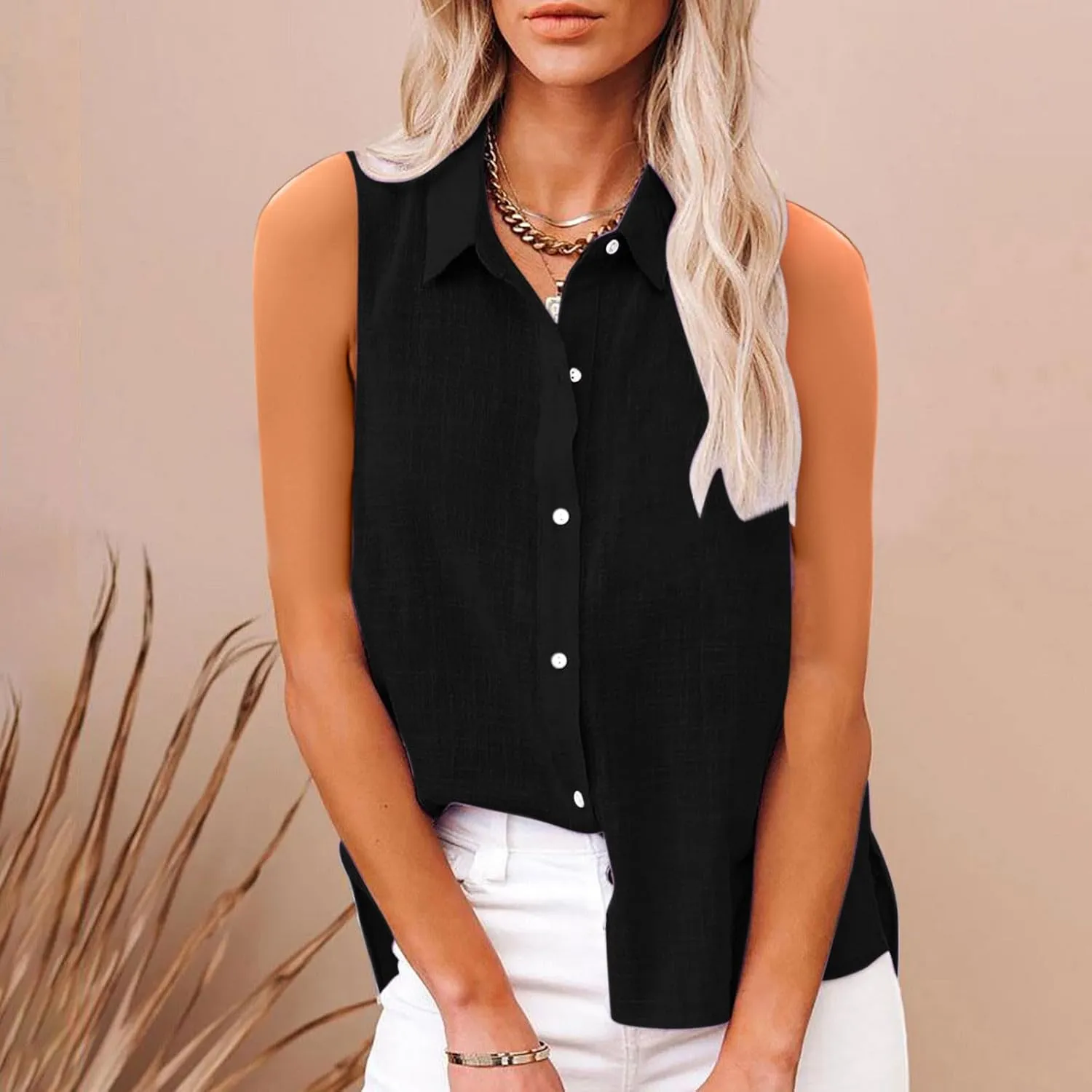 Linen Tank Tops for Women Sleeveless Collared Button Down Shirts Casual Loose Solid Color T-Shirts Summer Basic Tees