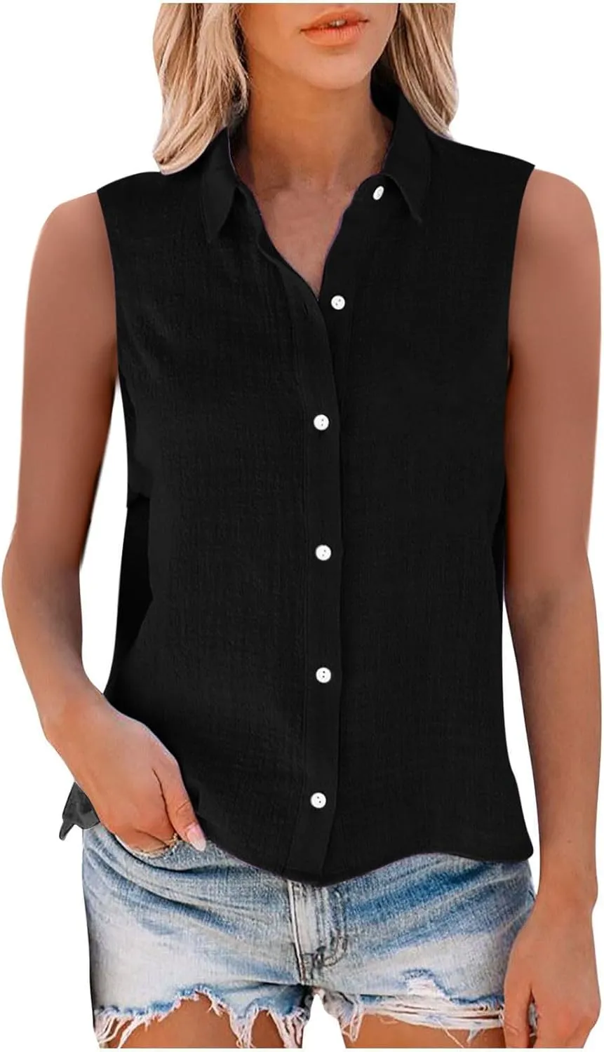 Linen Tank Tops for Women Sleeveless Collared Button Down Shirts Casual Loose Solid Color T-Shirts Summer Basic Tees