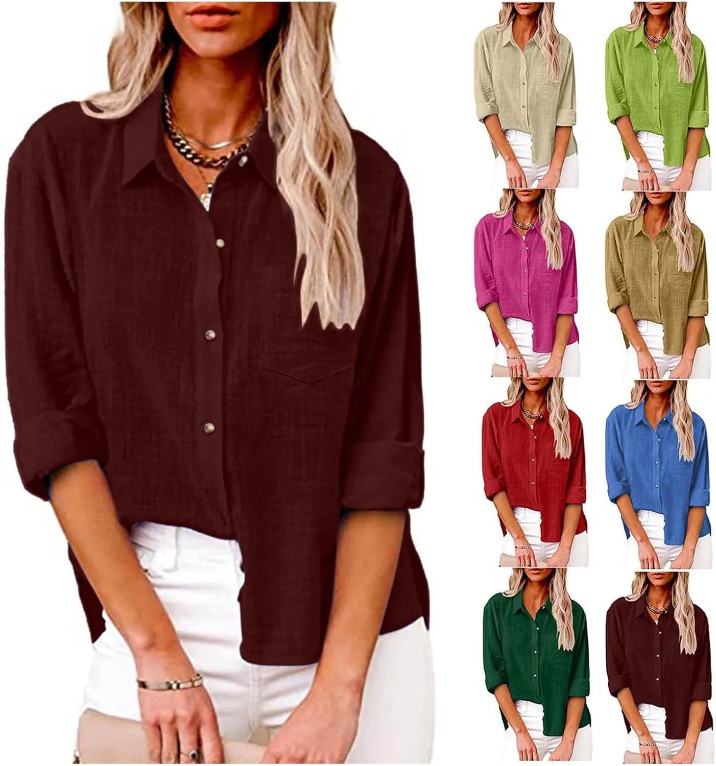 Linen Top Women Summer Long Sleeve Button Down Blouses Loose Fit Casual Shirts 2024 Beach Cover up T Shirts