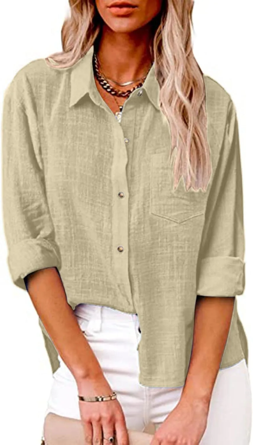 Linen Top Women Summer Long Sleeve Button Down Blouses Loose Fit Casual Shirts 2024 Beach Cover up T Shirts