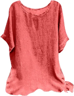 Linen Tops for Women 2025 Summer Casual Short Sleeve Tunic Top Loose Fit Solid Color Blouse Oversized Beach T Shirt