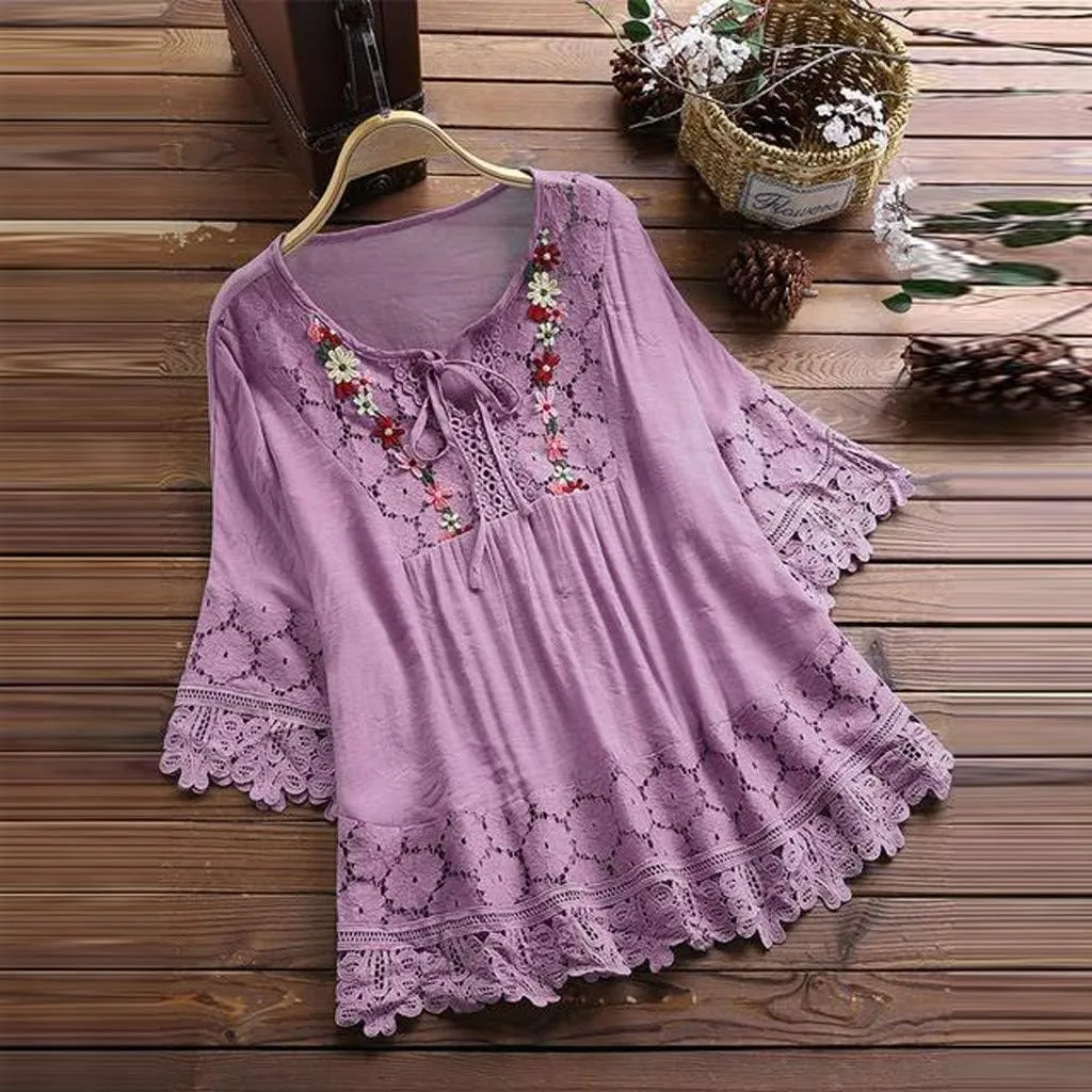 Linen Tops for Women Lace Patchwork V Neck Blouse Floral Embroidered Shirts 3/4 Sleeve Loose Fitting Casual T-Shirts