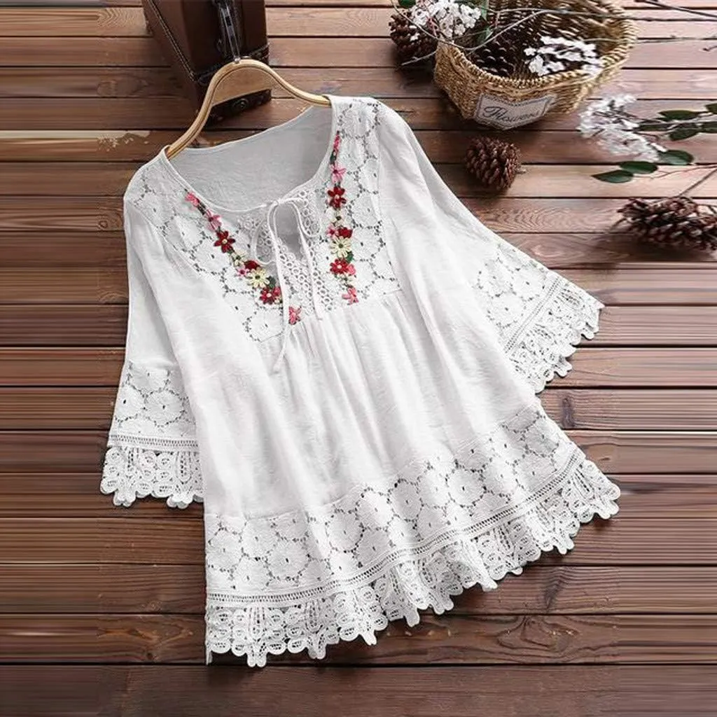 Linen Tops for Women Lace Patchwork V Neck Blouse Floral Embroidered Shirts 3/4 Sleeve Loose Fitting Casual T-Shirts