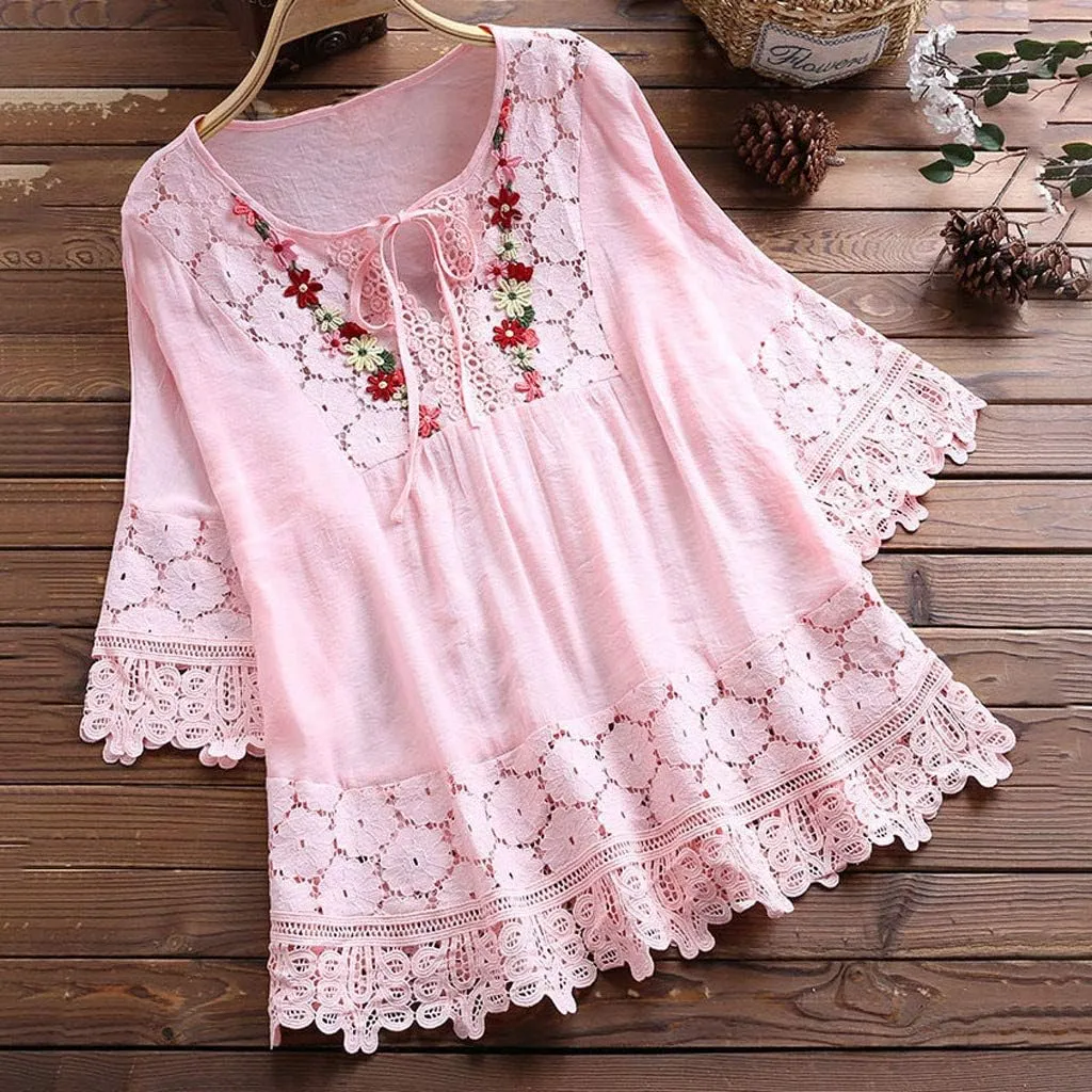 Linen Tops for Women Lace Patchwork V Neck Blouse Floral Embroidered Shirts 3/4 Sleeve Loose Fitting Casual T-Shirts