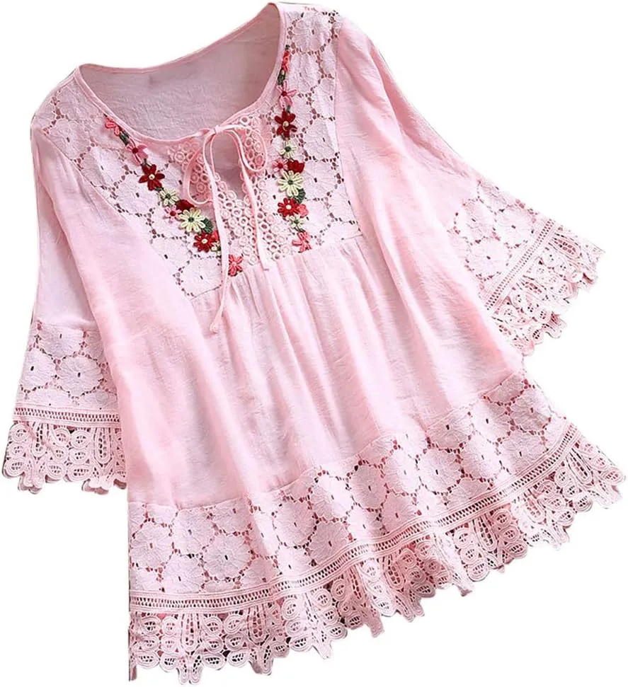 Linen Tops for Women Lace Patchwork V Neck Blouse Floral Embroidered Shirts 3/4 Sleeve Loose Fitting Casual T-Shirts