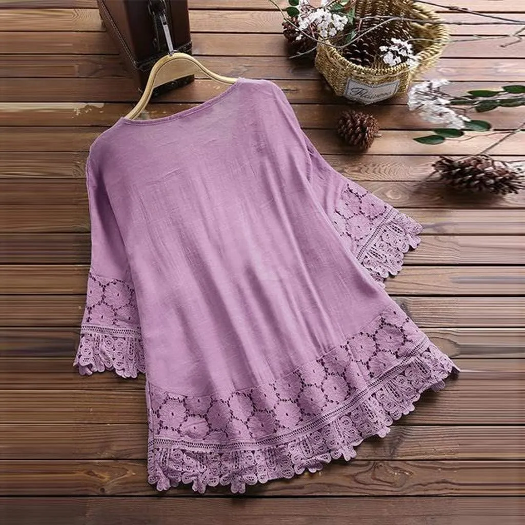 Linen Tops for Women Lace Patchwork V Neck Blouse Floral Embroidered Shirts 3/4 Sleeve Loose Fitting Casual T-Shirts