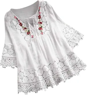 Linen Tops for Women Lace Patchwork V Neck Blouse Floral Embroidered Shirts 3/4 Sleeve Loose Fitting Casual T-Shirts