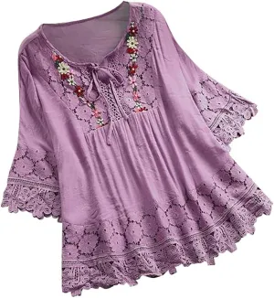 Linen Tops for Women Lace Patchwork V Neck Blouse Floral Embroidered Shirts 3/4 Sleeve Loose Fitting Casual T-Shirts