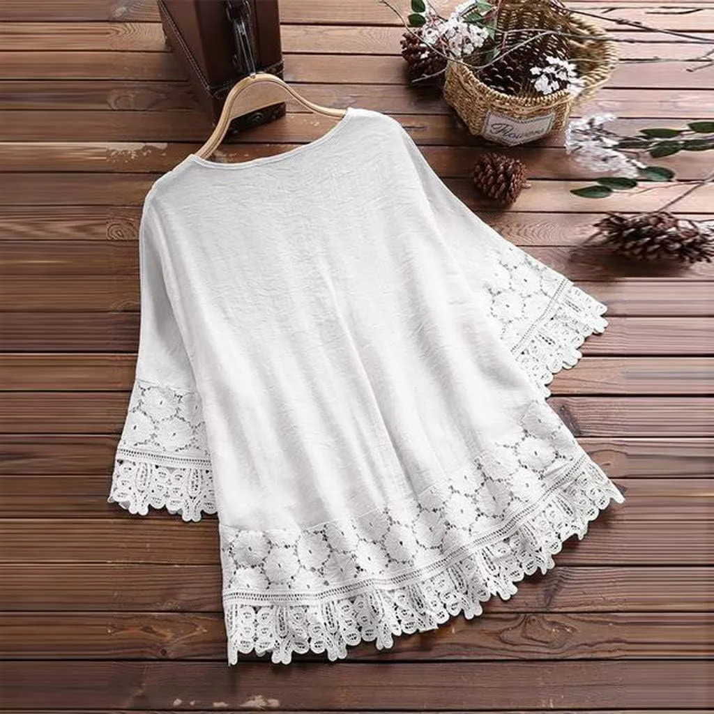 Linen Tops for Women Lace Patchwork V Neck Blouse Floral Embroidered Shirts 3/4 Sleeve Loose Fitting Casual T-Shirts