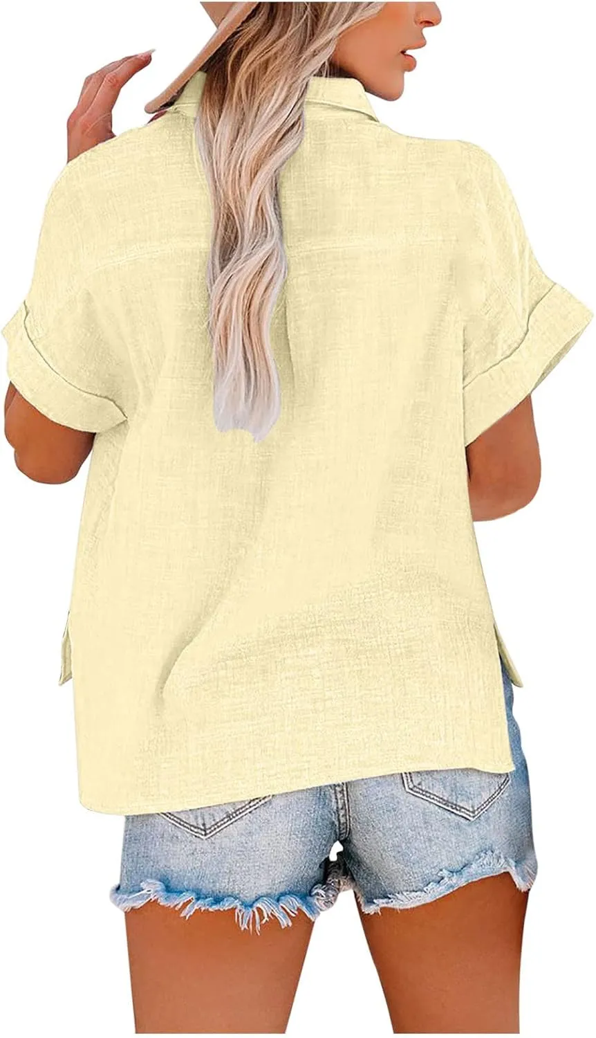 Linen Tops for Women Loose Solid Color Shirts Cotton Gauze Button Down T-Shirts Casual Short Sleeve Tunic Tops