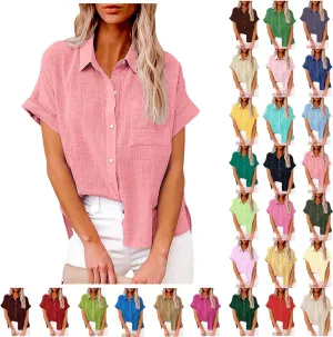 Linen Tops for Women Loose Solid Color Shirts Cotton Gauze Button Down T-Shirts Casual Short Sleeve Tunic Tops