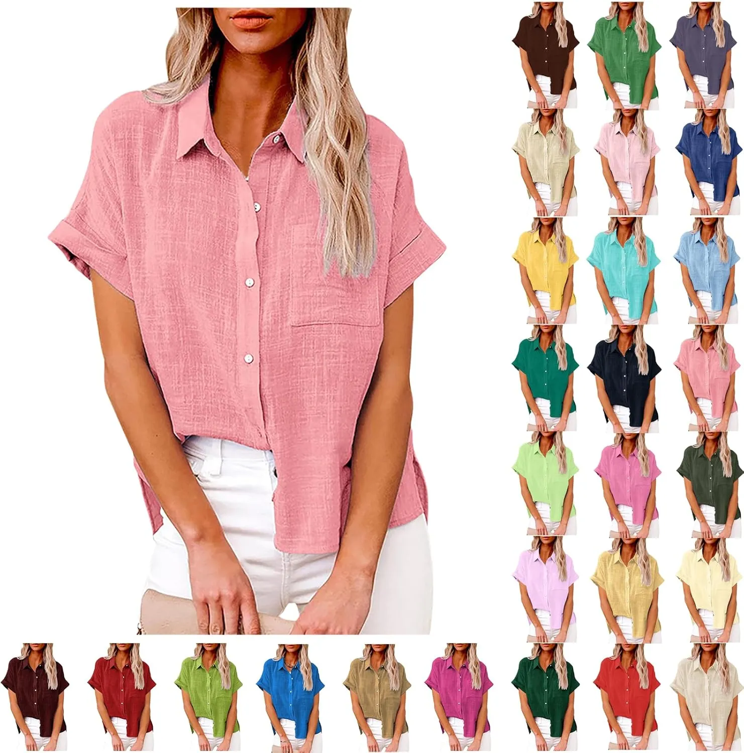 Linen Tops for Women Loose Solid Color Shirts Cotton Gauze Button Down T-Shirts Casual Short Sleeve Tunic Tops