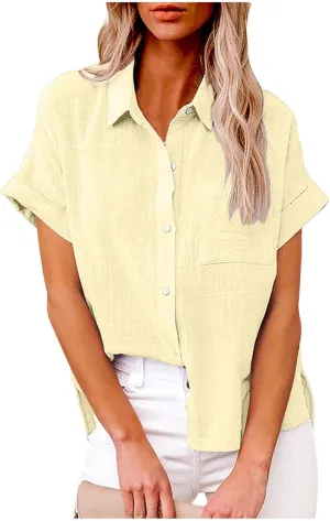 Linen Tops for Women Loose Solid Color Shirts Cotton Gauze Button Down T-Shirts Casual Short Sleeve Tunic Tops
