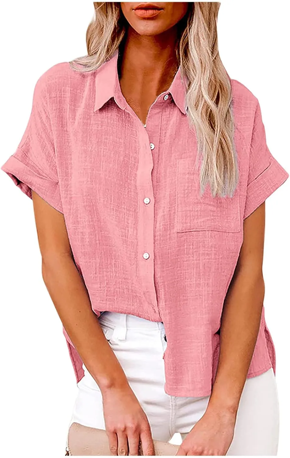 Linen Tops for Women Loose Solid Color Shirts Cotton Gauze Button Down T-Shirts Casual Short Sleeve Tunic Tops