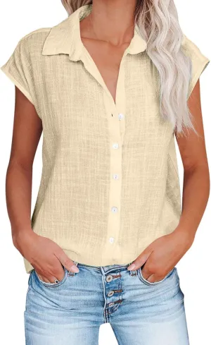 Linen Tops for Women Summer Button Down Shirts 2025 Trendy Work Shirt Tees Casual Short Sleeve Loose T-Shirts