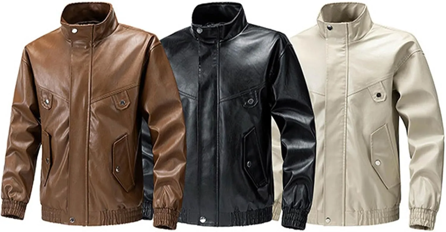 Lmdudan PU Leather Jackets for Men Long Sleeve Leather Jacket Full Zip Solid Outwear Plus Size Motorcycle Jackets with Pocket