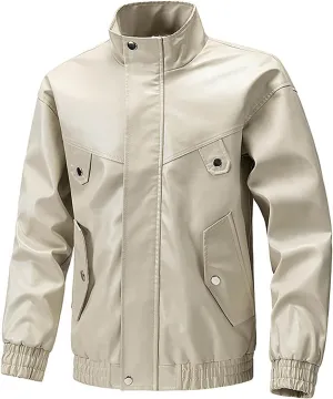 Lmdudan PU Leather Jackets for Men Long Sleeve Leather Jacket Full Zip Solid Outwear Plus Size Motorcycle Jackets with Pocket