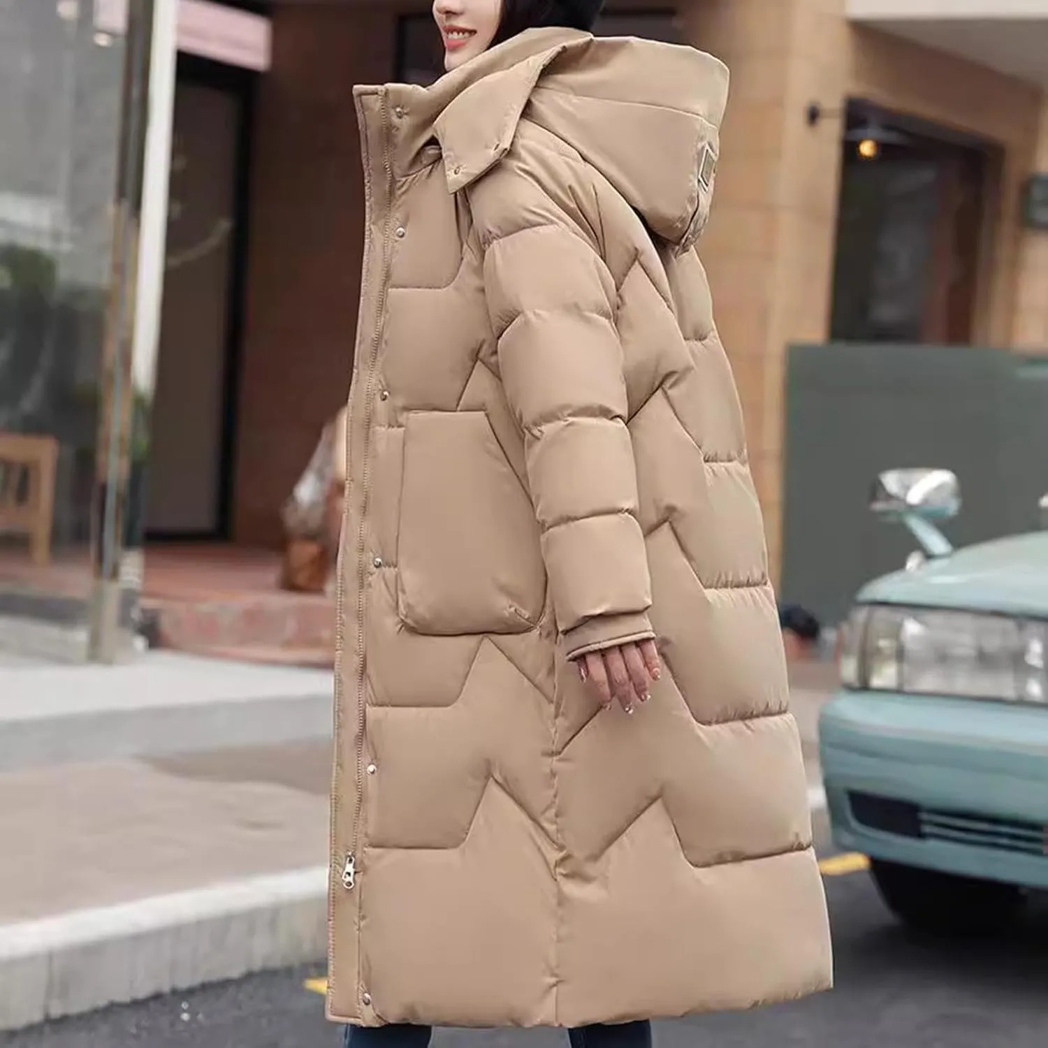 Long Puffer Jacket for Women, 2024 Thickened Winter Hooded Coat with Pockets, Ladies Warm Padded Down Jackets Outerwear