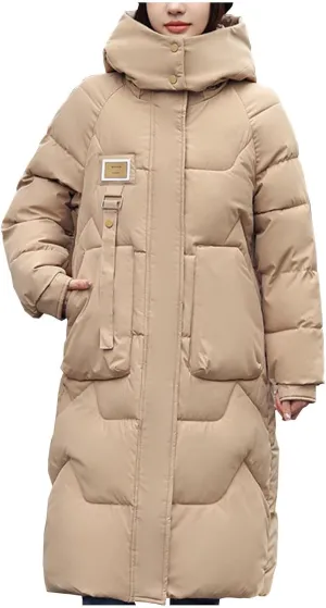 Long Puffer Jacket for Women, 2024 Thickened Winter Hooded Coat with Pockets, Ladies Warm Padded Down Jackets Outerwear