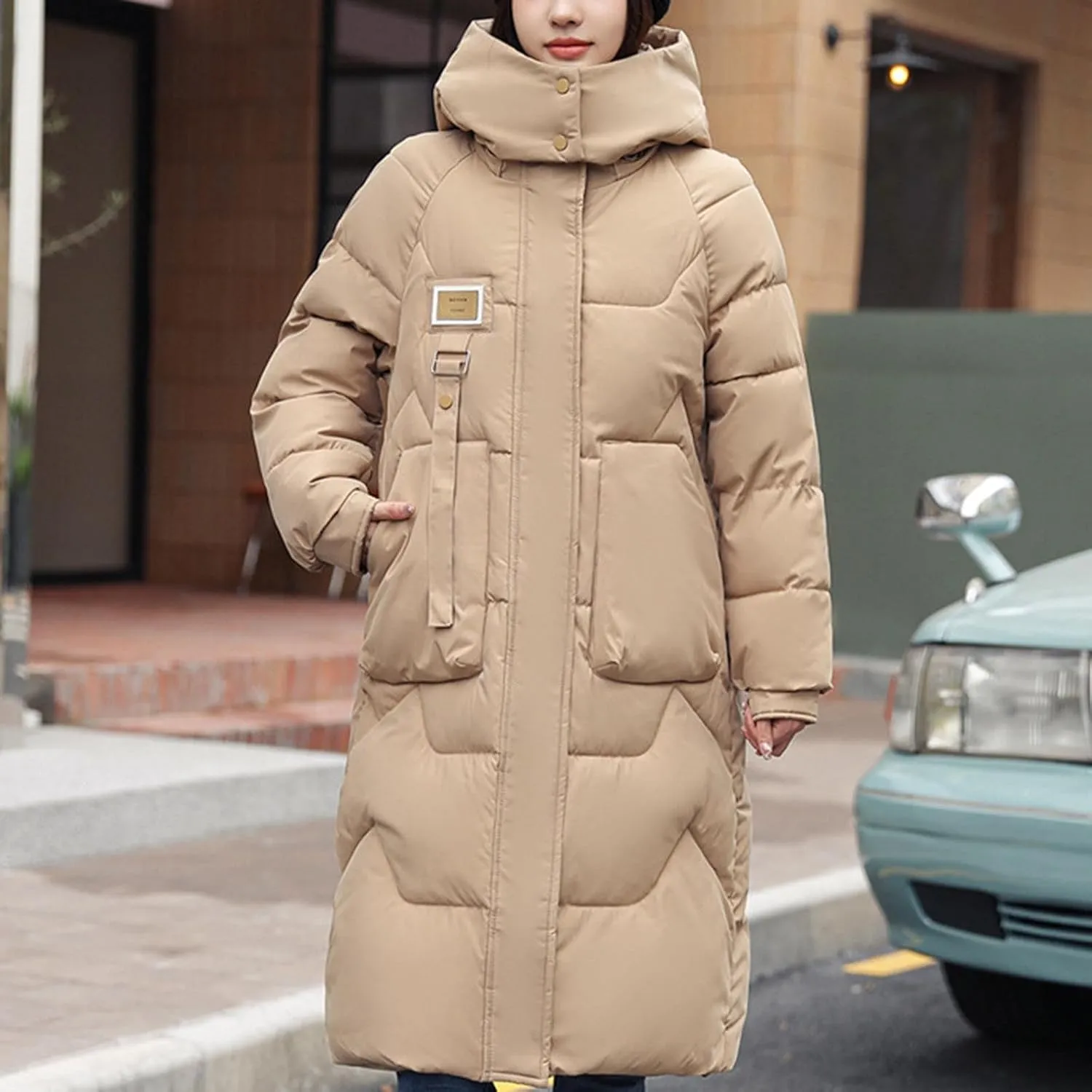 Long Puffer Jacket for Women, 2024 Thickened Winter Hooded Coat with Pockets, Ladies Warm Padded Down Jackets Outerwear