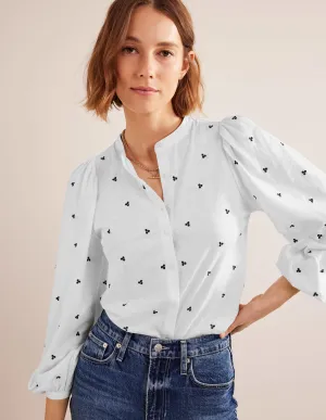 Long Sleeve Embroidered Top-White, Blue Embroidery