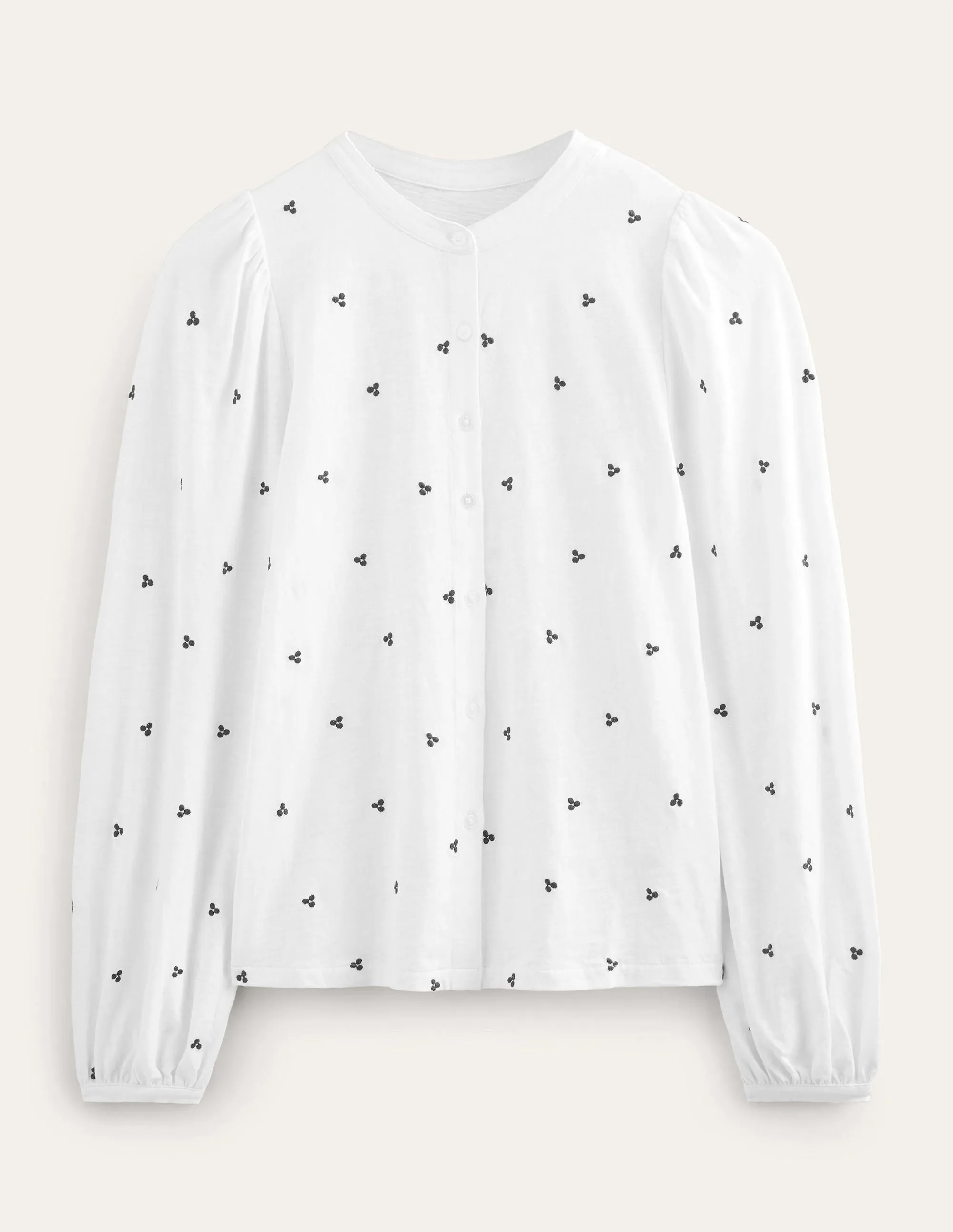Long Sleeve Embroidered Top-White, Blue Embroidery