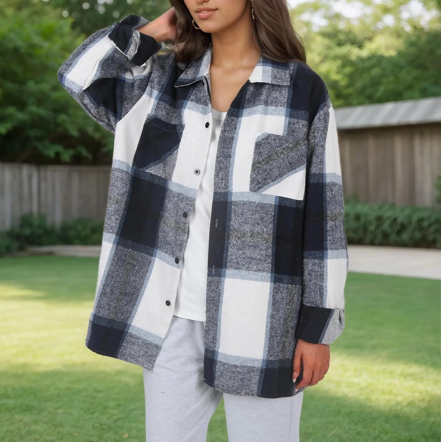 Long Sleeve Flannel Jacket for Women Flannel Shacket Jacket Casual Plaid Button Down Shirt Fall Clothes Outfits