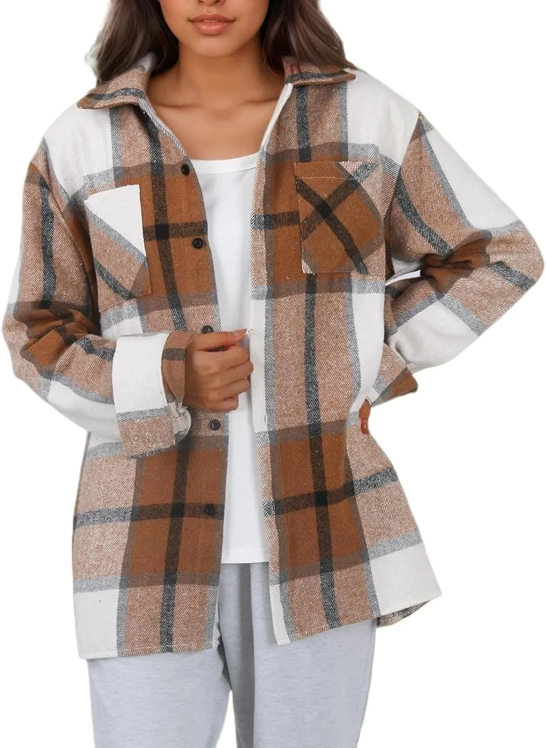 Long Sleeve Flannel Jacket for Women Flannel Shacket Jacket Casual Plaid Button Down Shirt Fall Clothes Outfits