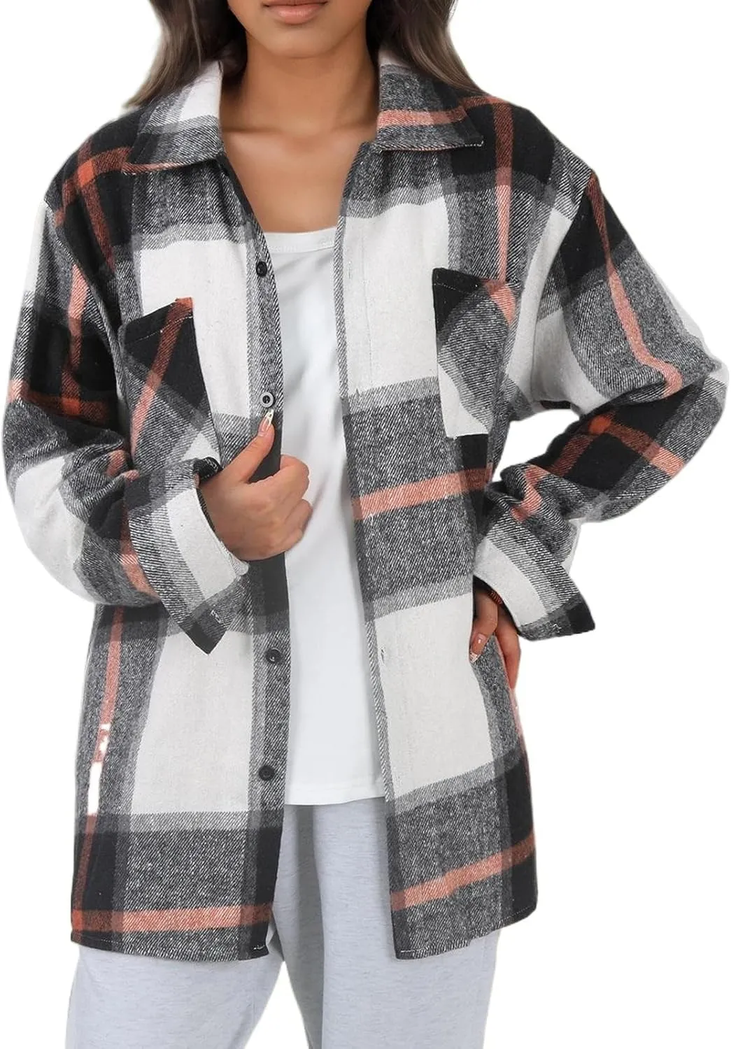 Long Sleeve Flannel Jacket for Women Flannel Shacket Jacket Casual Plaid Button Down Shirt Fall Clothes Outfits