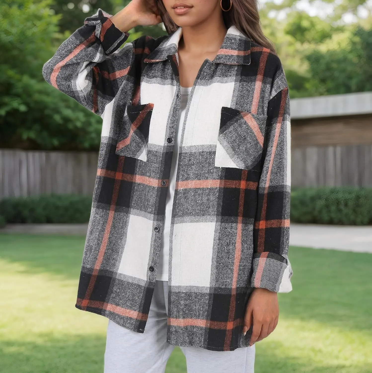 Long Sleeve Flannel Jacket for Women Flannel Shacket Jacket Casual Plaid Button Down Shirt Fall Clothes Outfits