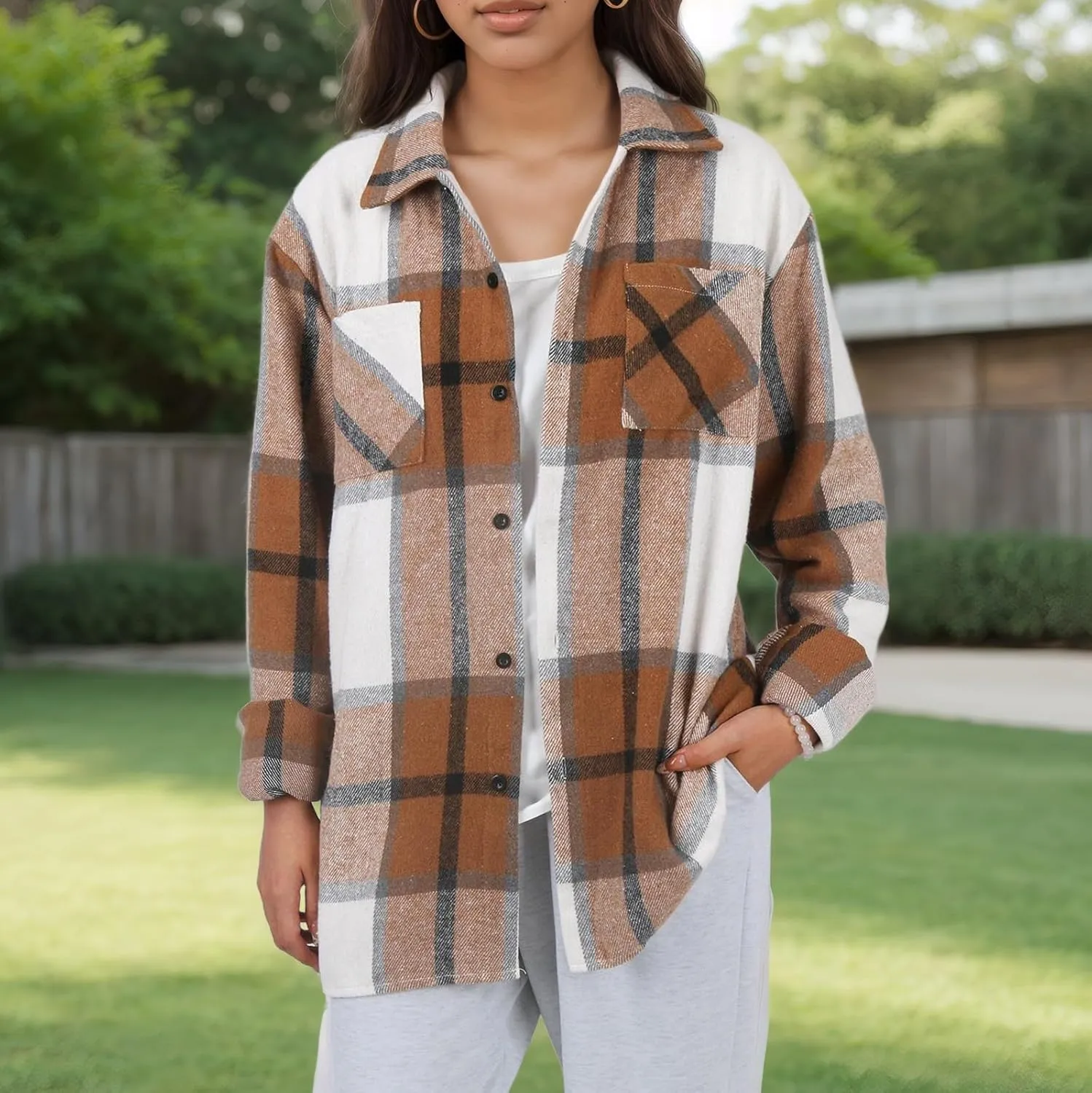 Long Sleeve Flannel Jacket for Women Flannel Shacket Jacket Casual Plaid Button Down Shirt Fall Clothes Outfits