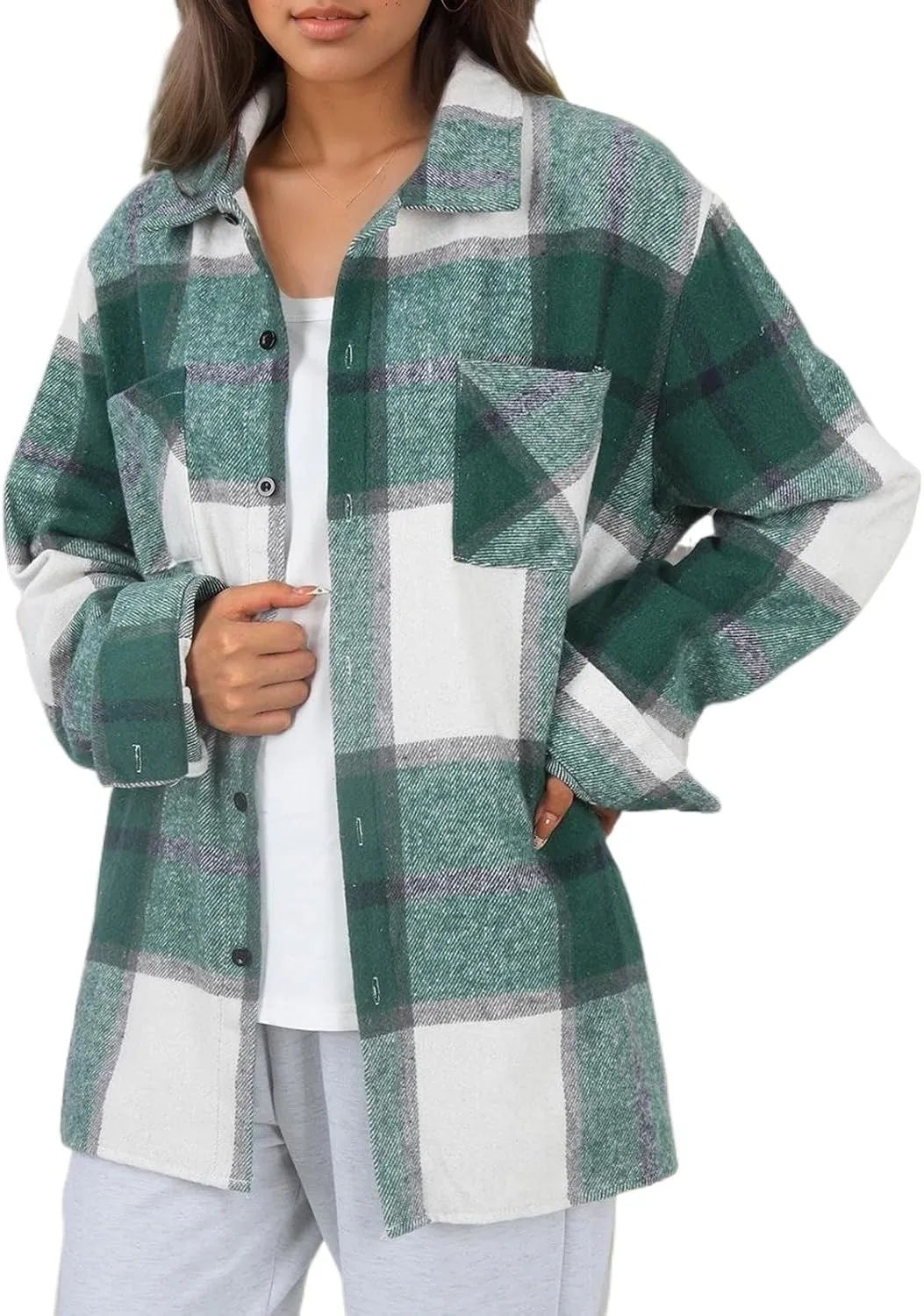 Long Sleeve Flannel Jacket for Women Flannel Shacket Jacket Casual Plaid Button Down Shirt Fall Clothes Outfits