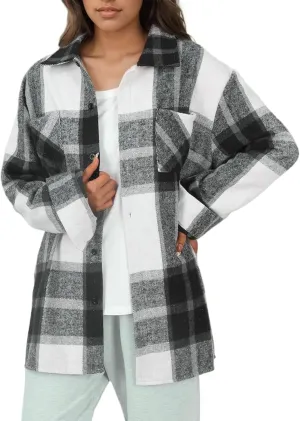 Long Sleeve Flannel Jacket for Women Flannel Shacket Jacket Casual Plaid Button Down Shirt Fall Clothes Outfits