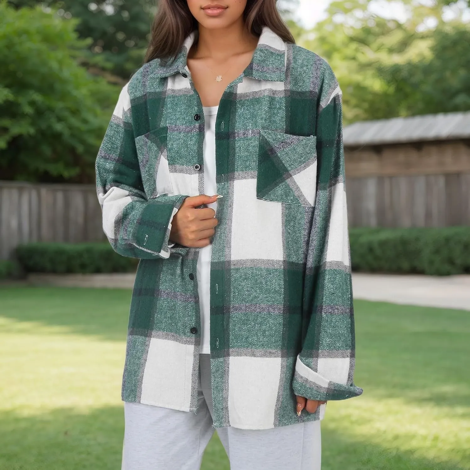 Long Sleeve Flannel Jacket for Women Flannel Shacket Jacket Casual Plaid Button Down Shirt Fall Clothes Outfits