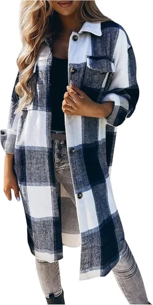 Long Sleeve Flannel Jacket for Women Flannel Shacket Jacket Casual Plaid Button Down Shirt Fall Clothes Outfits