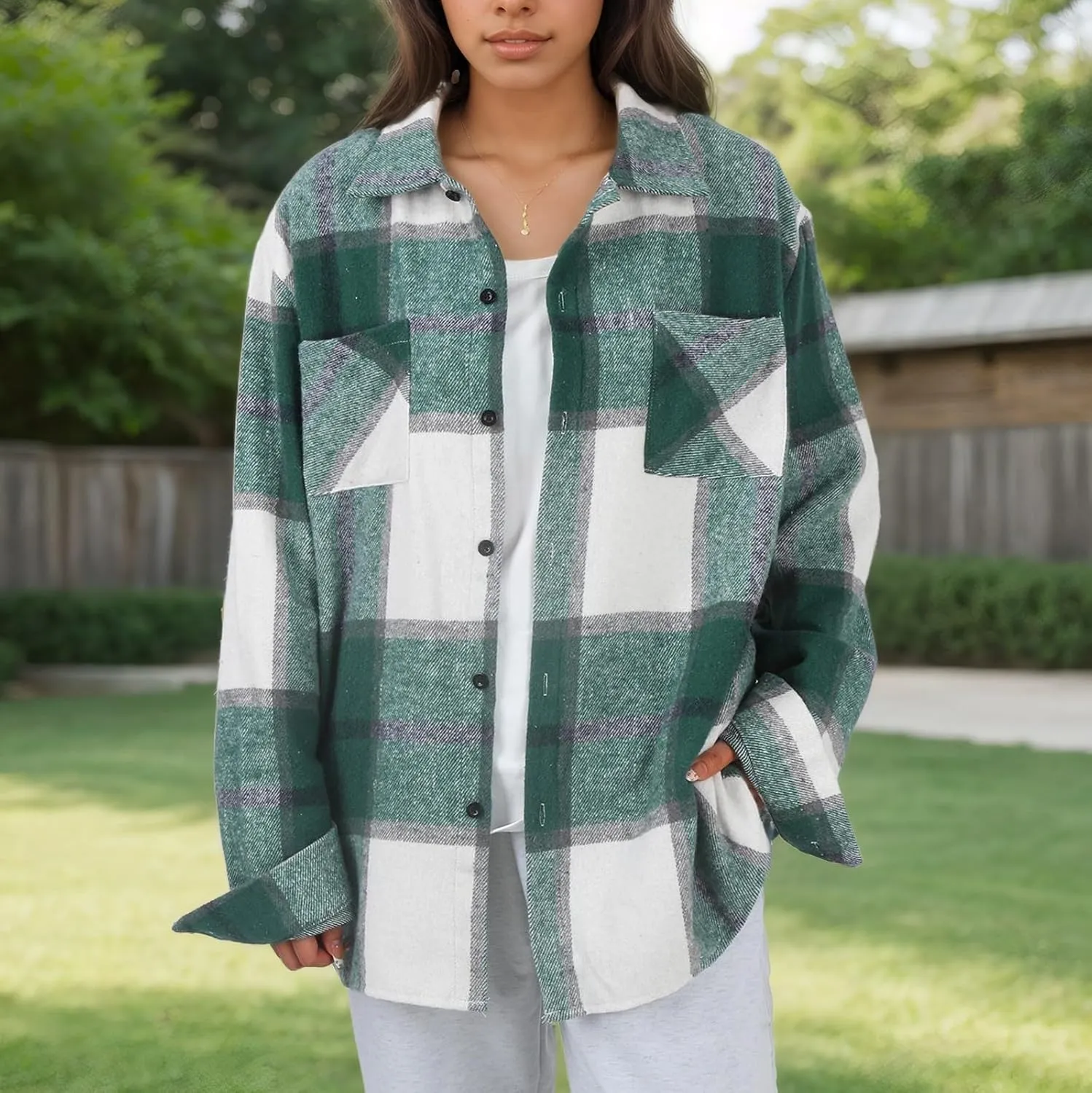 Long Sleeve Flannel Jacket for Women Flannel Shacket Jacket Casual Plaid Button Down Shirt Fall Clothes Outfits
