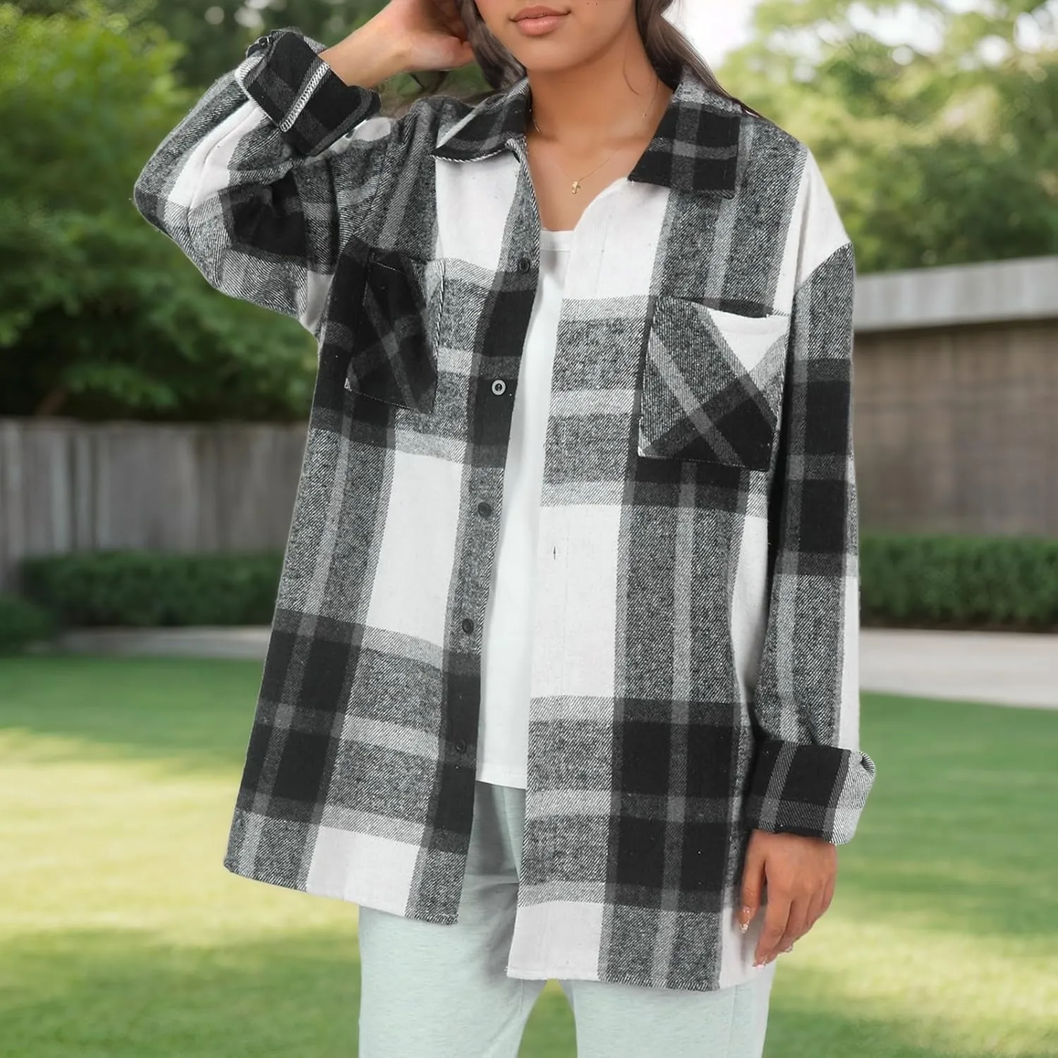 Long Sleeve Flannel Jacket for Women Flannel Shacket Jacket Casual Plaid Button Down Shirt Fall Clothes Outfits