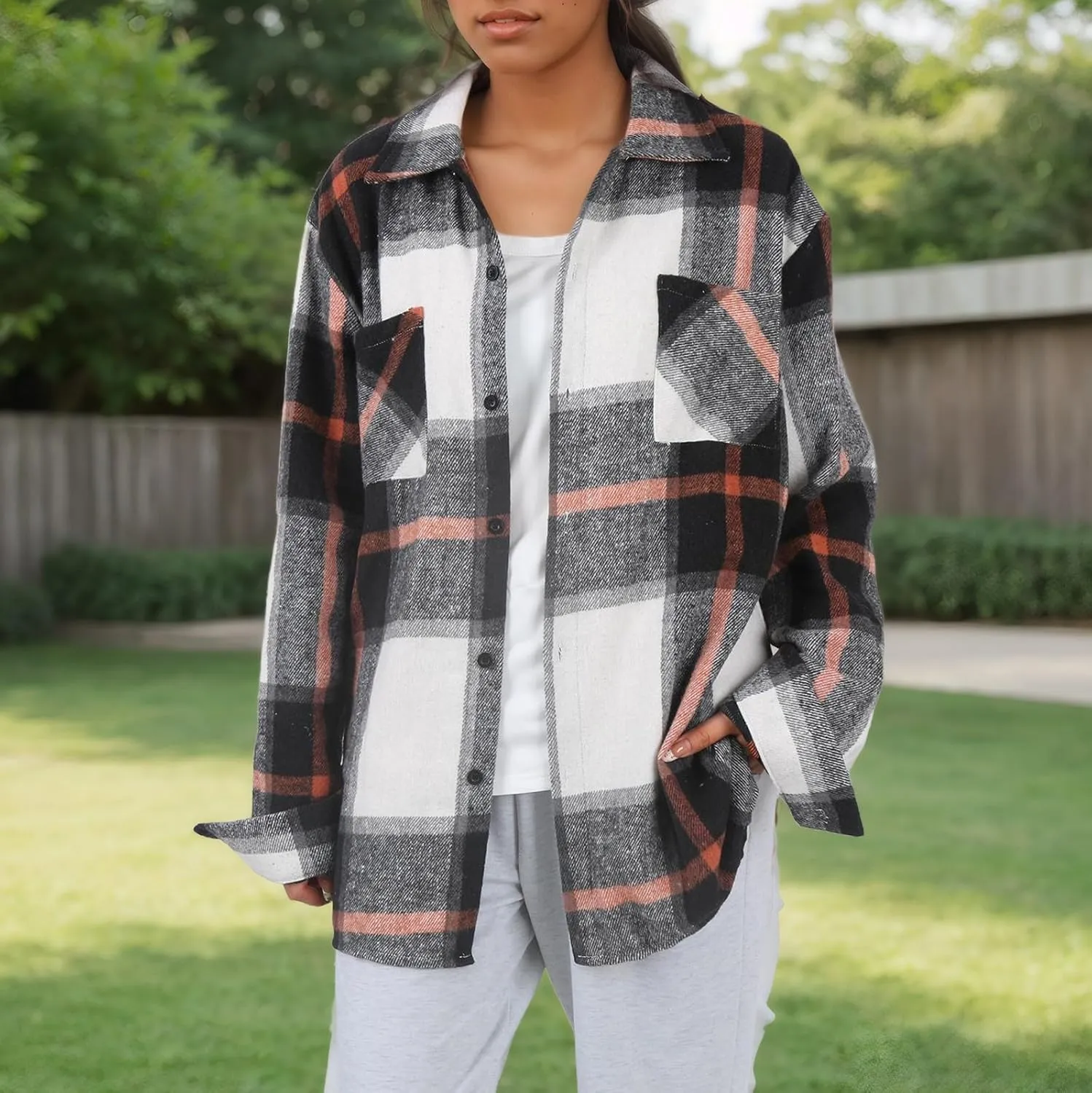Long Sleeve Flannel Jacket for Women Flannel Shacket Jacket Casual Plaid Button Down Shirt Fall Clothes Outfits