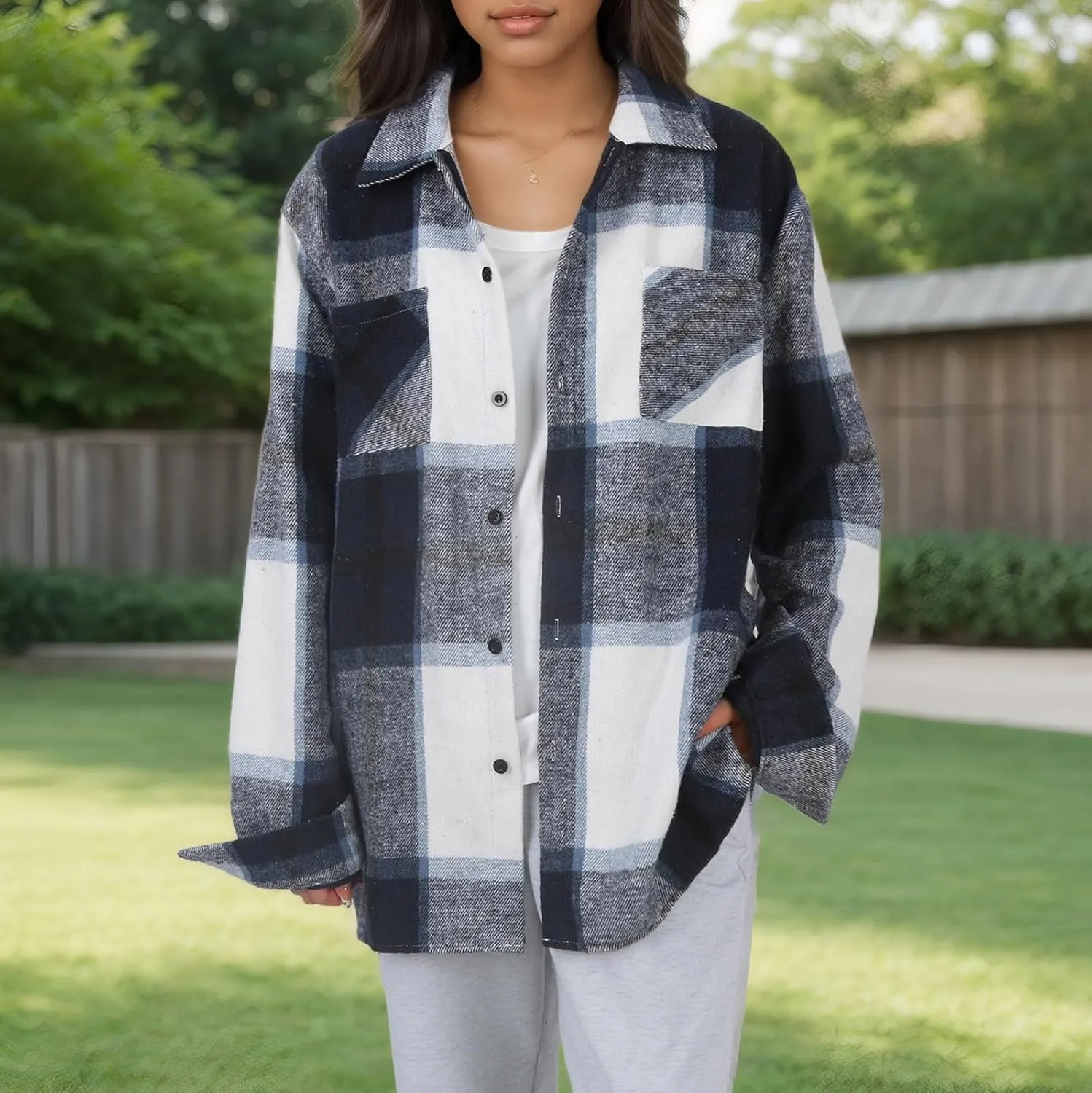 Long Sleeve Flannel Jacket for Women Flannel Shacket Jacket Casual Plaid Button Down Shirt Fall Clothes Outfits