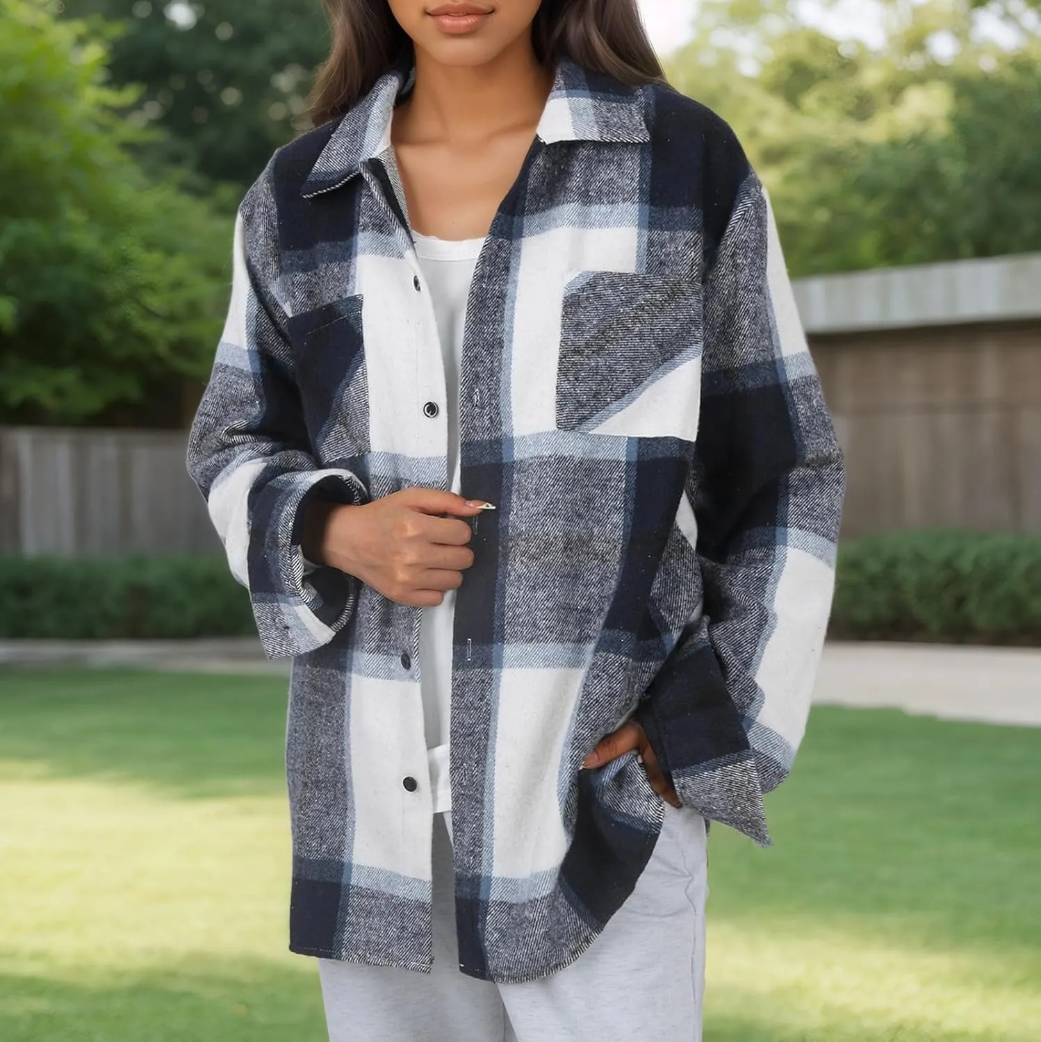 Long Sleeve Flannel Jacket for Women Flannel Shacket Jacket Casual Plaid Button Down Shirt Fall Clothes Outfits