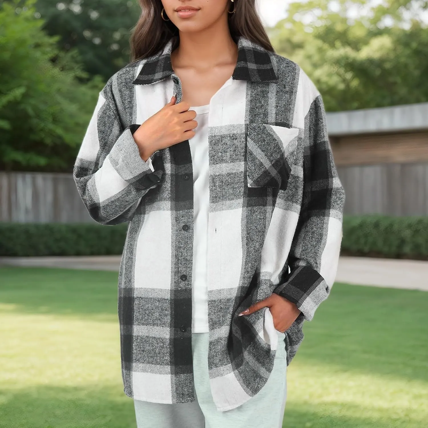 Long Sleeve Flannel Jacket for Women Flannel Shacket Jacket Casual Plaid Button Down Shirt Fall Clothes Outfits