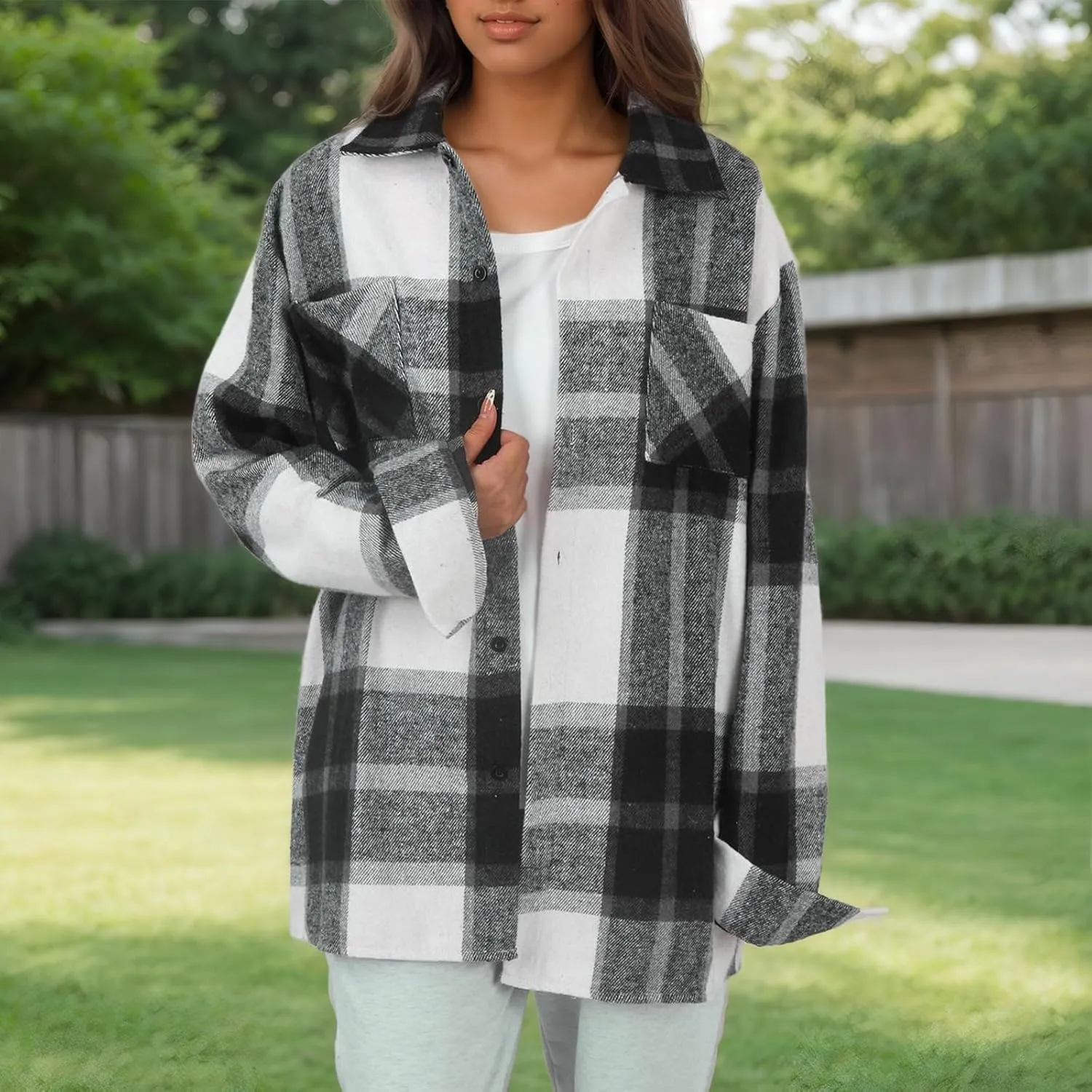 Long Sleeve Flannel Jacket for Women Flannel Shacket Jacket Casual Plaid Button Down Shirt Fall Clothes Outfits
