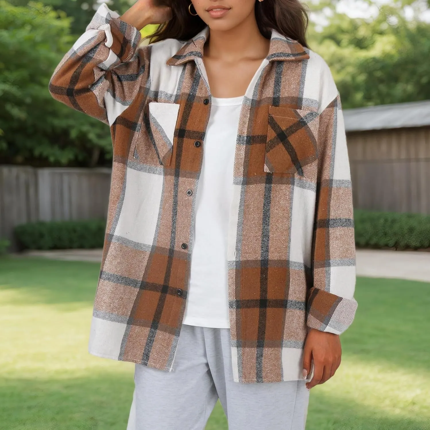 Long Sleeve Flannel Jacket for Women Flannel Shacket Jacket Casual Plaid Button Down Shirt Fall Clothes Outfits