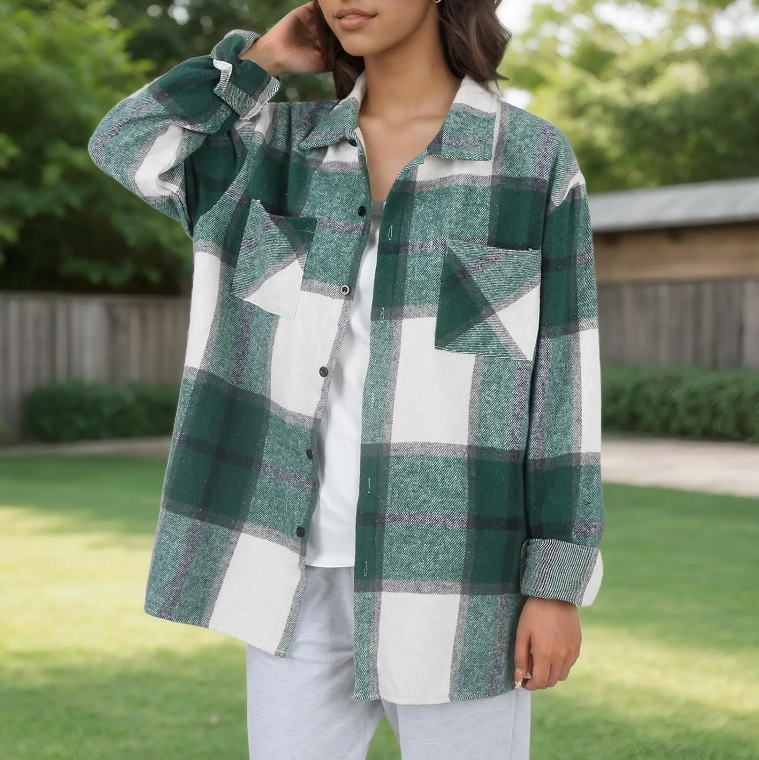 Long Sleeve Flannel Jacket for Women Flannel Shacket Jacket Casual Plaid Button Down Shirt Fall Clothes Outfits
