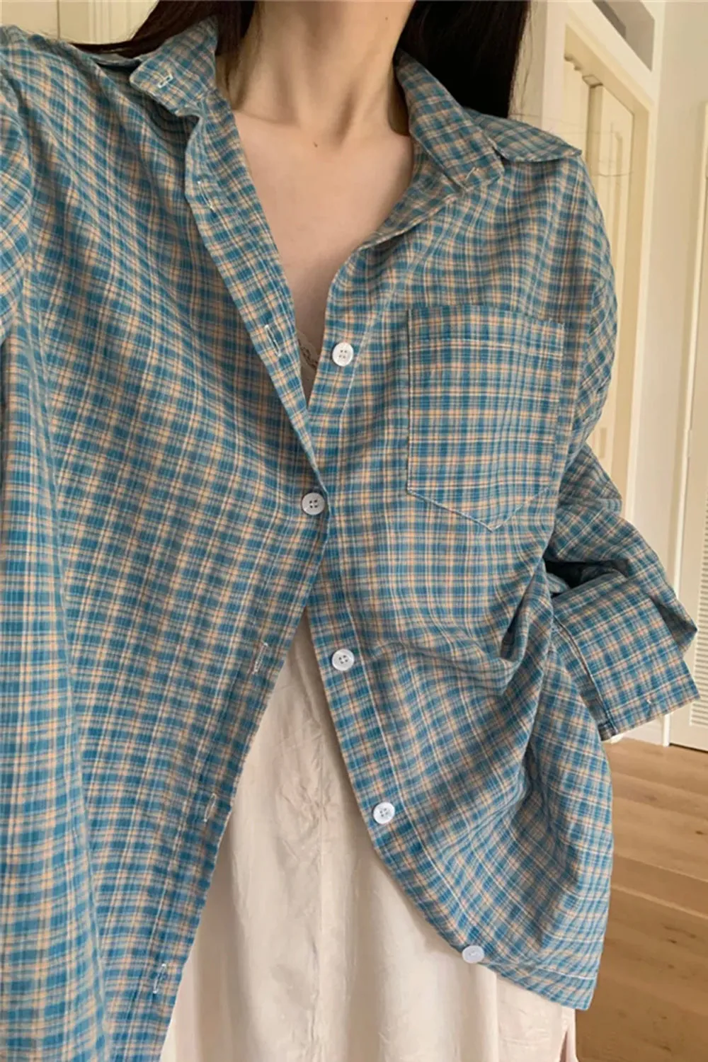Long Sleeve Loose Classic Blue Plaid Blouse Shirts