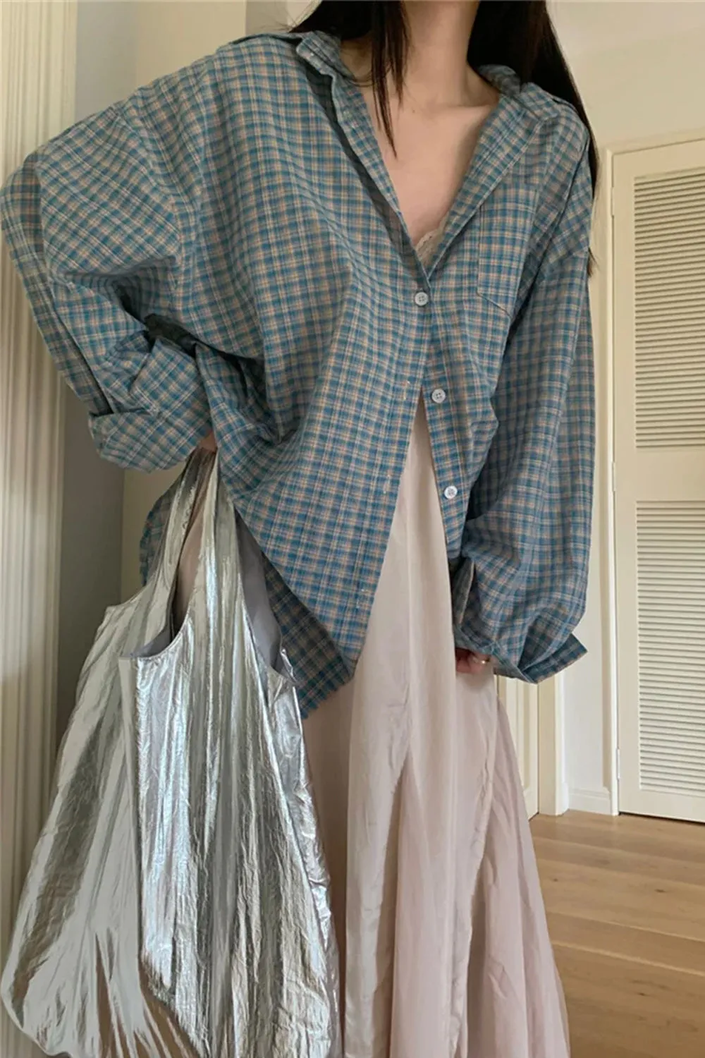 Long Sleeve Loose Classic Blue Plaid Blouse Shirts