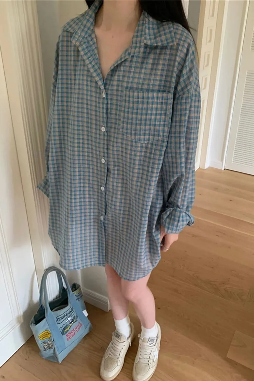 Long Sleeve Loose Classic Blue Plaid Blouse Shirts