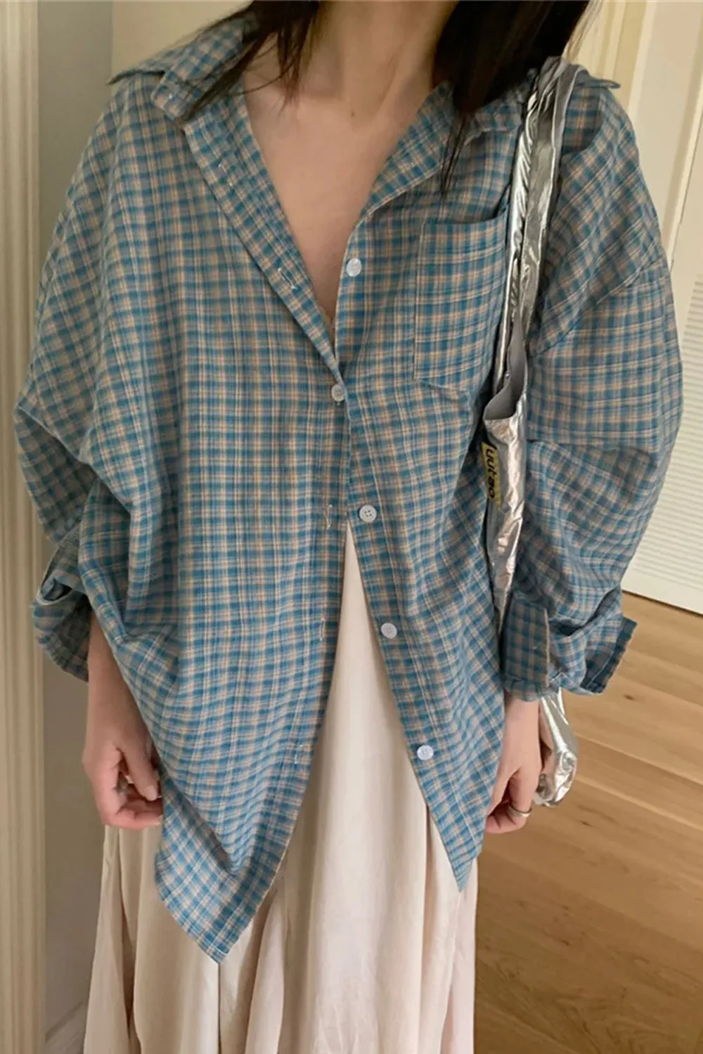 Long Sleeve Loose Classic Blue Plaid Blouse Shirts